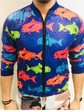 Bob Chinns Crab House Vintage 90s Neon Fish Paper Bomber Jacket Sz M